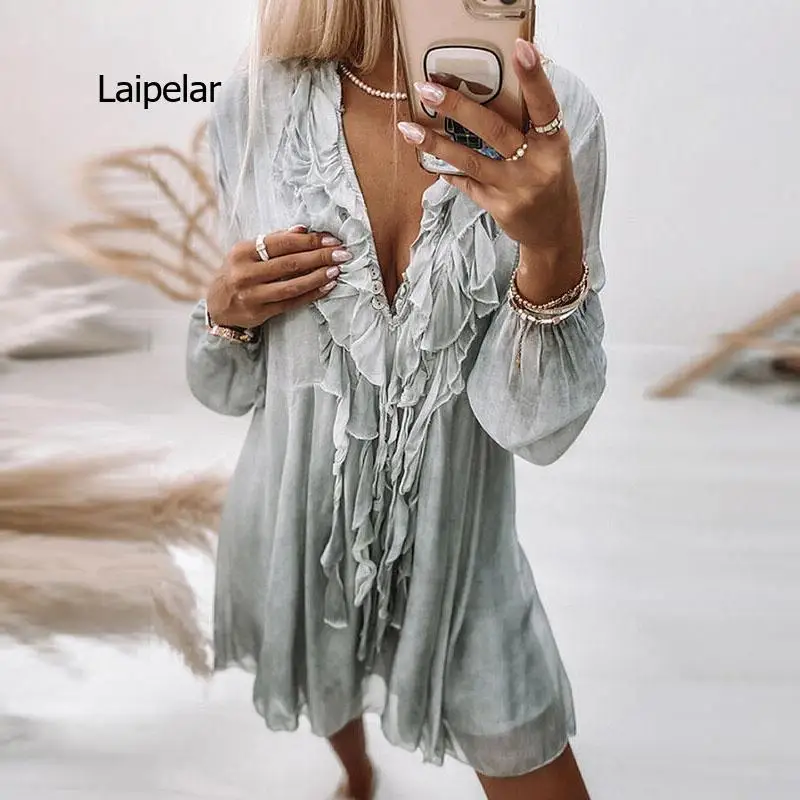 

Sexy Women Transparent Mesh Party Dress Elegant Lady Ruffles V Neck Casual Dress Summer Long Sleeve Slim FIt Mini Dress Vestidos