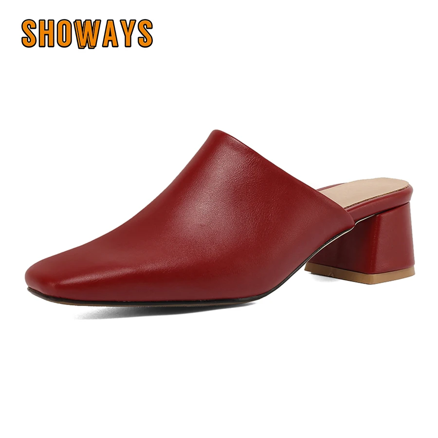 Big Size Summer Women Mules White Black Square Toe Medium Block Heels Pumps Comfortable Party Club Leisure Lady Slip-on Slippers