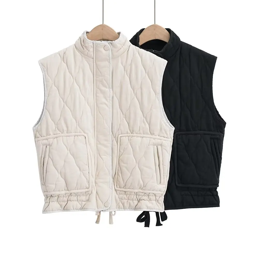 

Women 2023 New Fashion 2 Colors Cotton-padded Jacket Vest Vintage Sleeveless Stand-up Collar Female Waistcoat Chic Tops