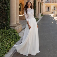 lorie vintage 34 sleeves lace wedding dresses buttons back high neck a line boho bride dress chiffon 2022 cut out bridal gowns