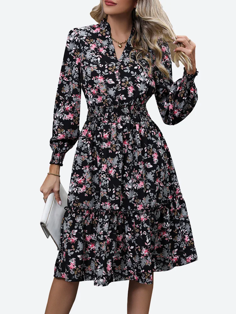 

Женское платье-трапеция на пуговицах Benuynffy, с цветочным принтом, с высокой талией, V-образным вырезом и длинным рукавом, повседневные свободные платья миди в стиле бохо на весну и осень