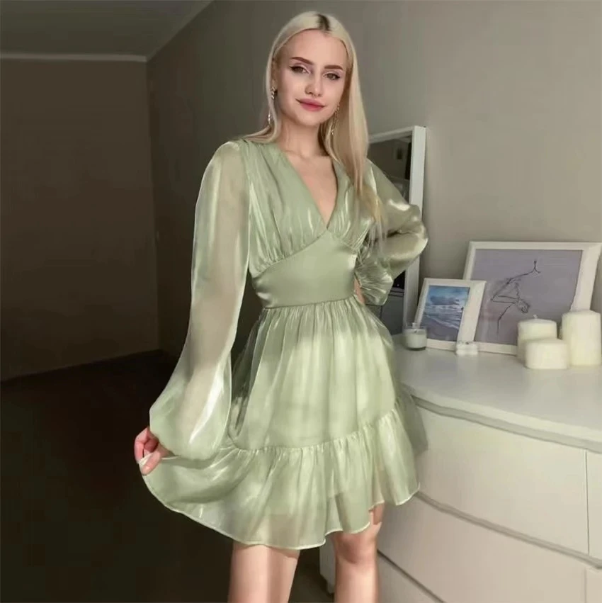 

Шифоновый Сарафан 2023, яркое блестящее привлекательное атласное мини-платье с V-образным вырезом и длинным рукавом, роскошное модное женское...