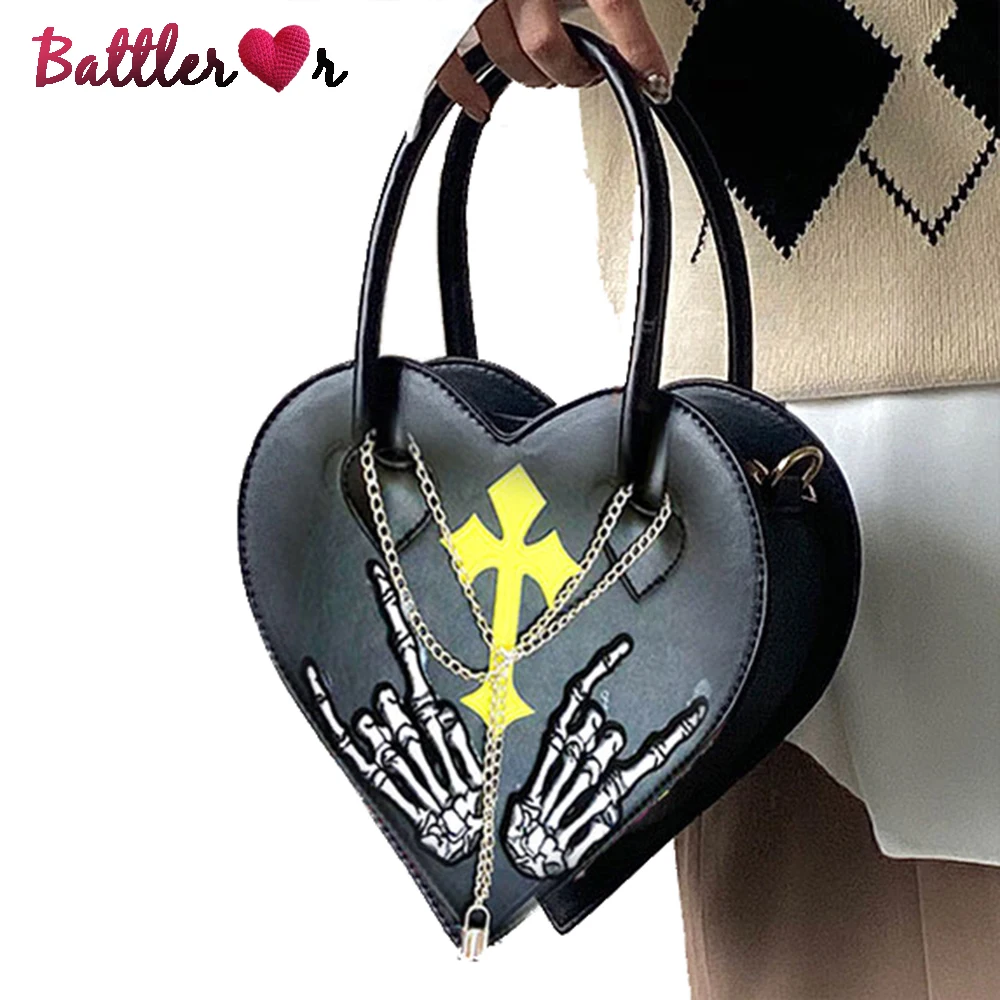 

Y2K Girl Skeleton Hand Heart Shape Shoulder Bags Women Designer Harajuku Handbag Female Punk Cross Lock Chain Messenger Bag Tote
