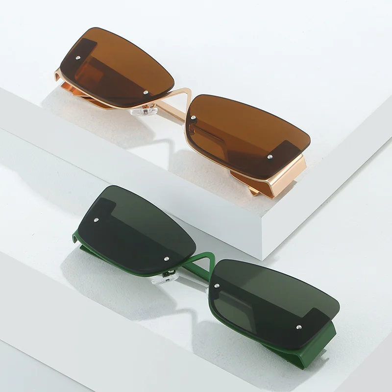 

Steampunk Cat Eye Sunglasses Metal Rimless Green Designer Novelties Vintage Y2k Fashion 2000s Retro Car Driving Tea Glasses