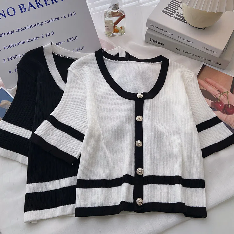 

Autumn Casual Cardigans For Women Short Sleeve O-Neck Patchwork Single Breasted Sweaters Knitted Korean Fashion Woman Cardigan