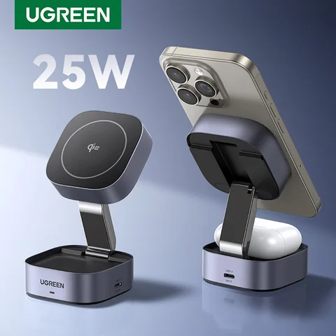UGREEN Qi2 Магнитная подставка для беспроводного зарядного устройства 25 Вт Подставка для зарядки 2-в-1 для iPhone 15 16 Pro Max/AirPods для быстрого зарядного устройства MagSafe