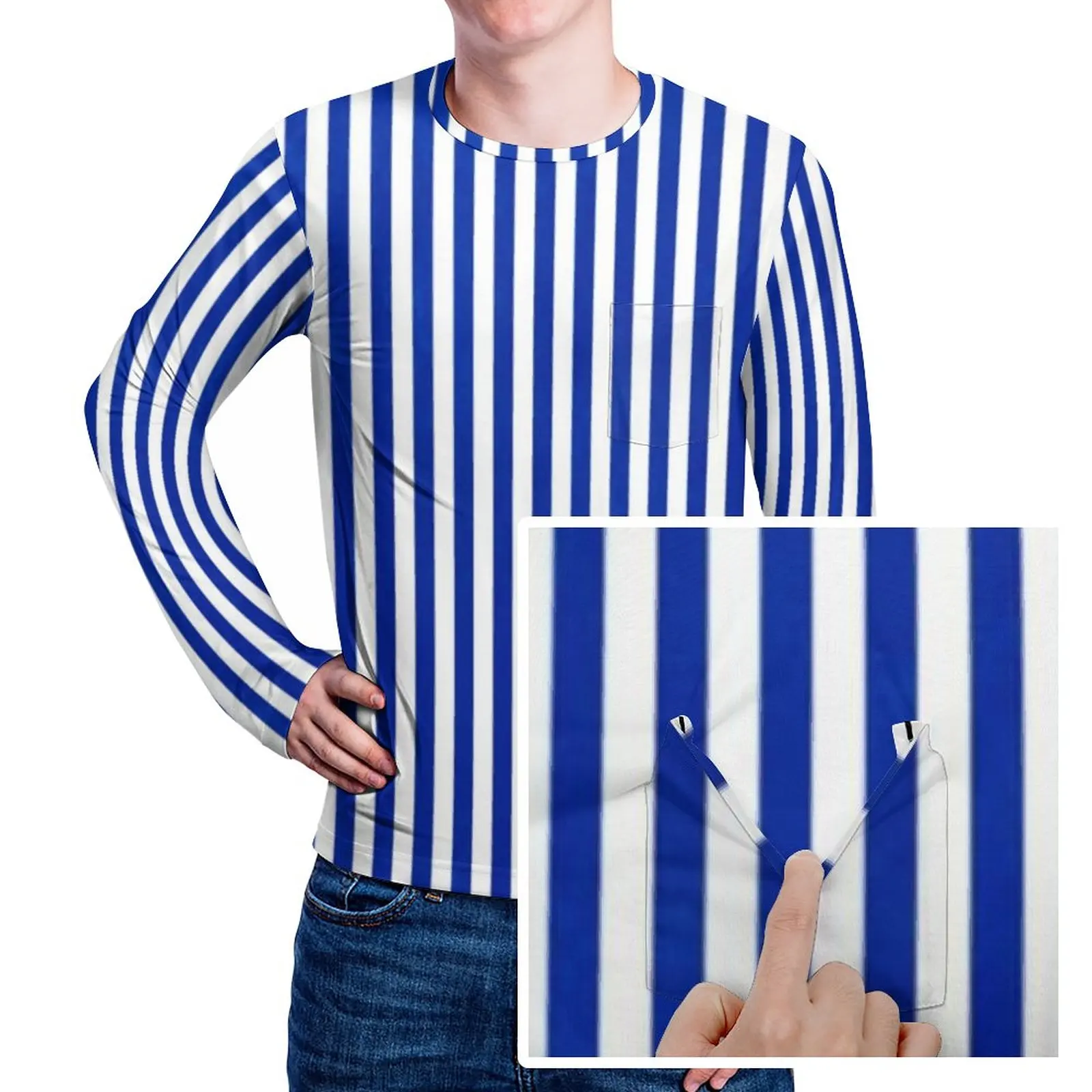 

Nautical Blue And White T Shirt Mens Vertical Stripes Aesthetic T-Shirts Spring Vintage Tees Long Sleeve Pattern Big Size Tops