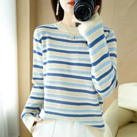 spring and autumn pullover knitwear womens contrast color striped crewneck sweater spring new bottoming long sleeve top