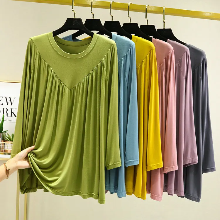 

Spring and Autumn Newest Bitcotton V-line Pleated Long Sleeve Homewear Tops Round Neck Loose Size Long Sleeve T-shirt Women