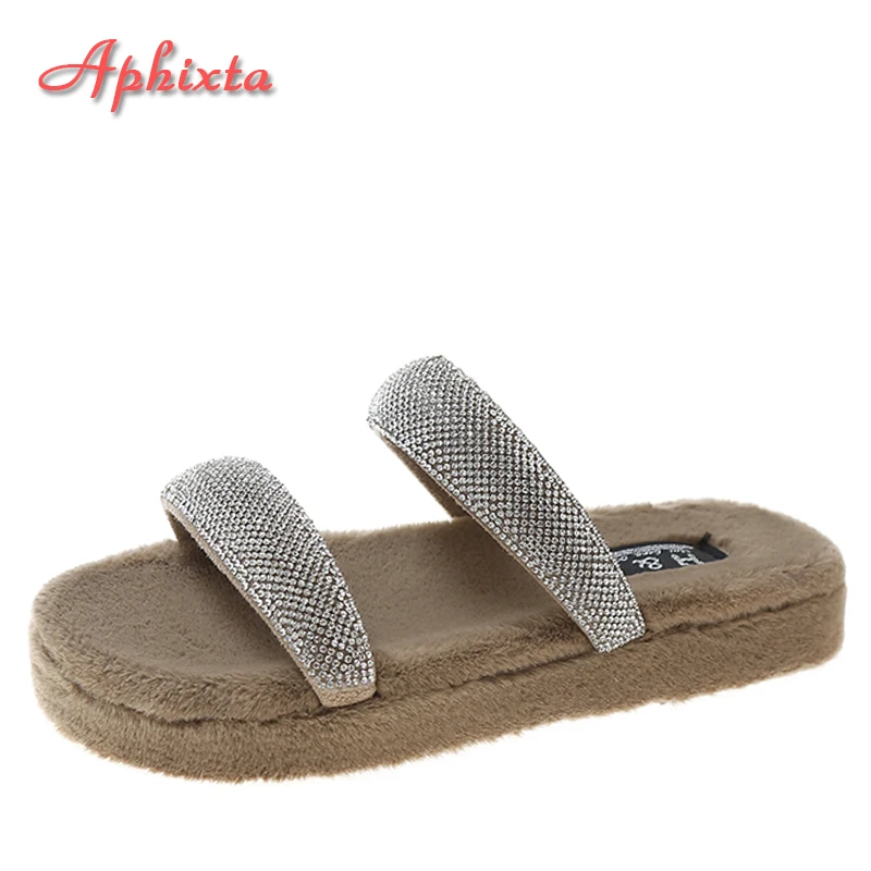 

Aphixta 2022 Crystals Diamonds Furry Flat Platform With Women Slippers Fashion Peep Toe Women Mules