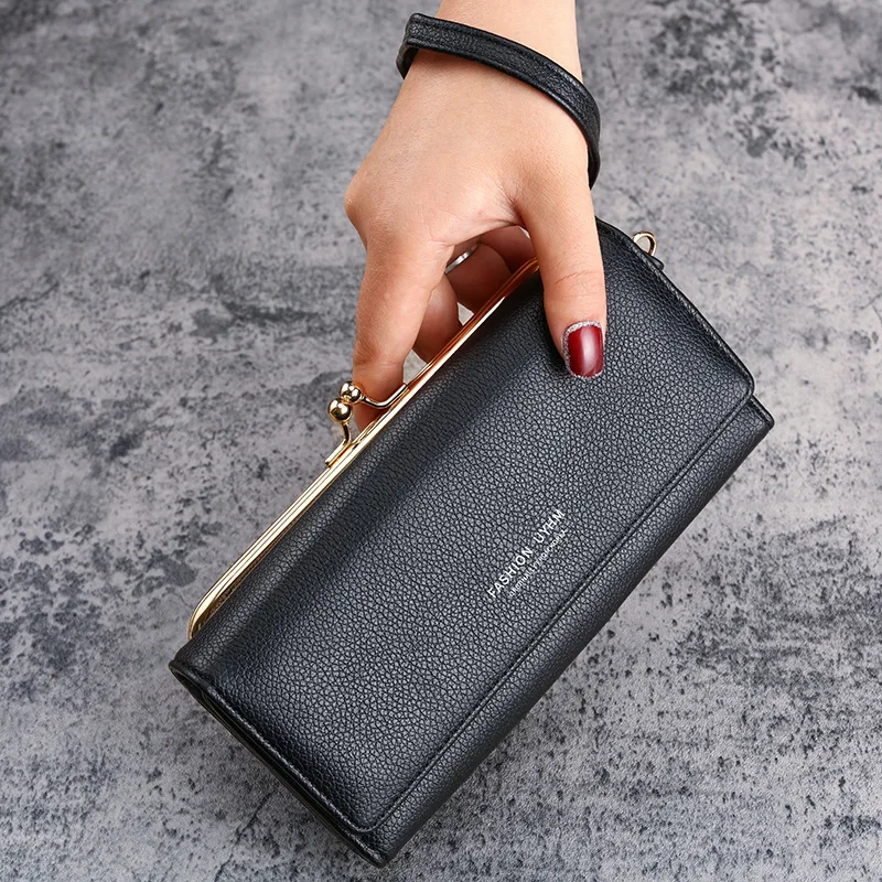 

Women Long Wallet High Quality Ladies Clutch Lichee Leather Female 3-fold Wallets Card Holder Phone Bag Coin Purses Money Pocket
