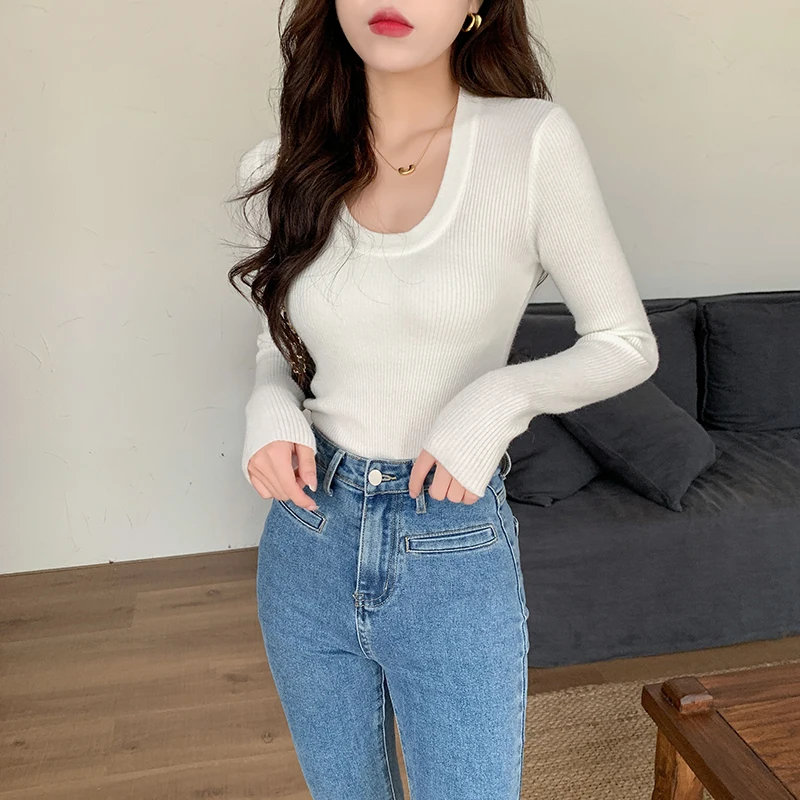 

Женские вязаные базовые свитера с глубоким U-образным вырезом и длинными рукавами, пуловеры, Женский мягкий эластичный свитер, Топ для женщин, Осенние реальные фотографии