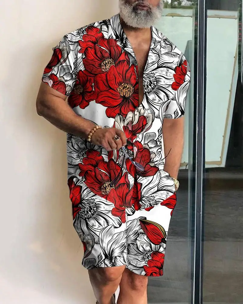 New Fashion Summer Shirt Men's Butterfly Printed Suit Casual Short-sleeved Shirt Shorts Two-piece Hawaii Beach Men's Set