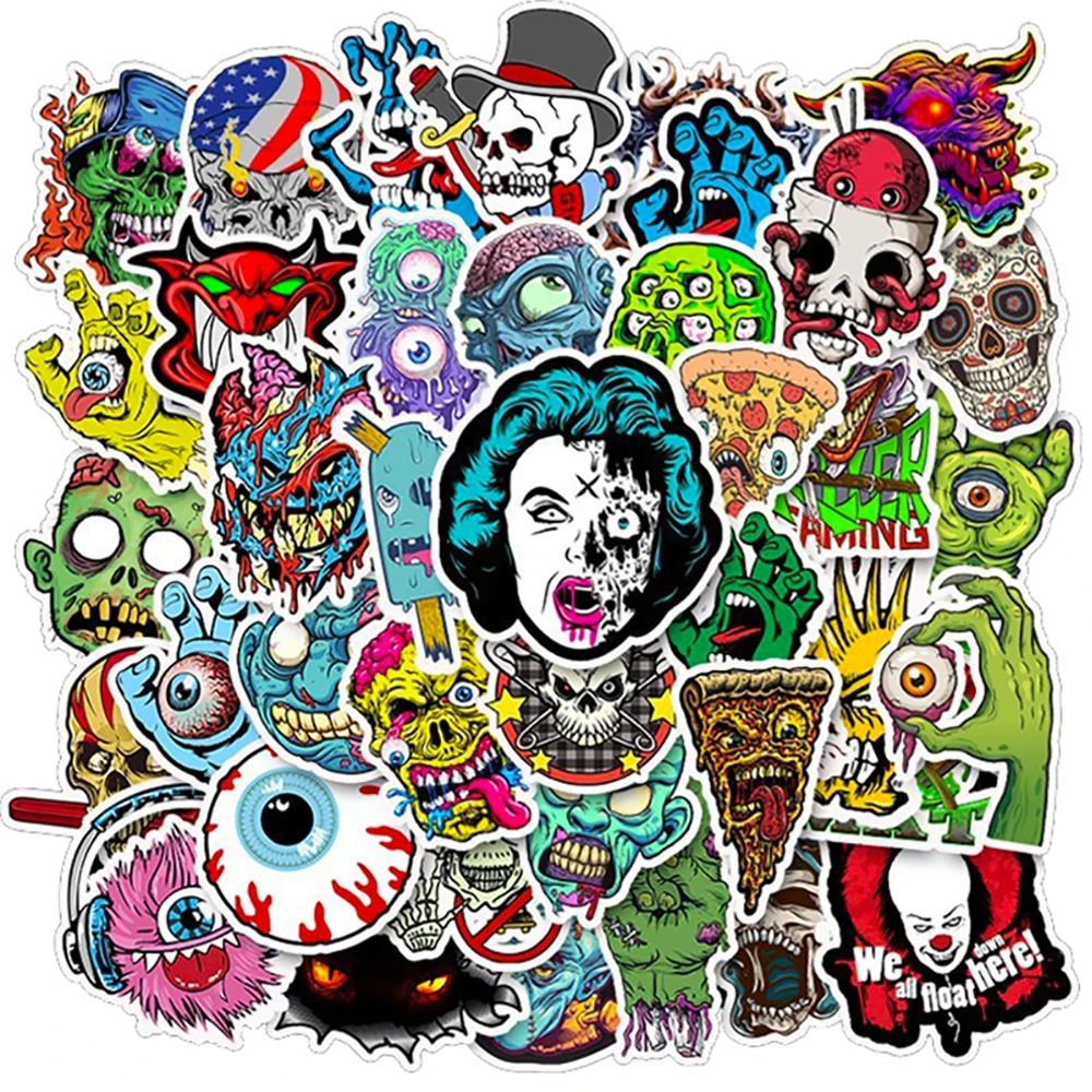 

10/30/50PCS Mixed Horror Series Skull Zombie Cartoon Stickers Bike Skateboard Guitar Laptop Luggage Waterproof Joke Stickers