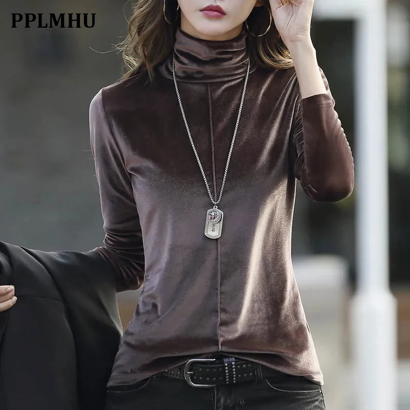

Autumn Winter Warm Turtleneck Velvet Slim T-Shirt Women Korean Long Sleeve Velour Pullover Top Casual Solid Basic Bottoming Tees