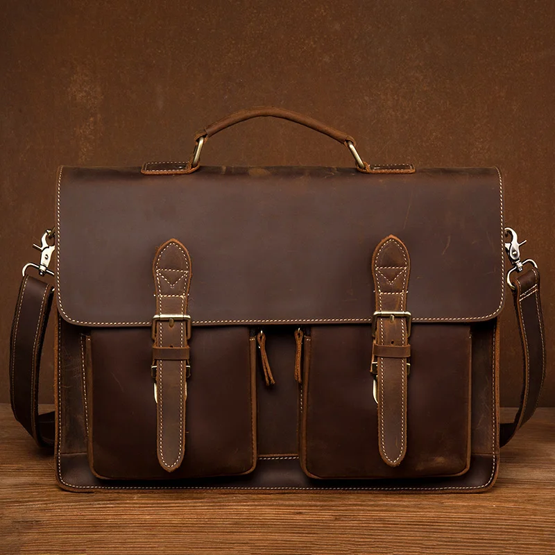 Vintage Handmade Crazy Horse Leather Handbag Large Capacity Briefcase For Men 15" Laptop Bag Work Business Bag
