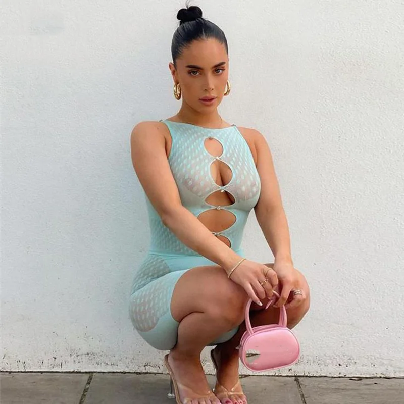 

Women Bodysuit Sexy Sleeveless One Piece Casual Print See Through Hollow Out Basic Body Solid Club For Women Bodycon Clothes