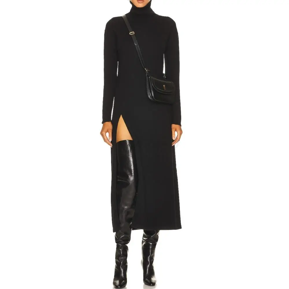 

100% Cashmere Knit Elegant Women Dress Side Seam Slit Foldover Turtleneck Winter Thermal Leisure Long Sleeve Midi Dres