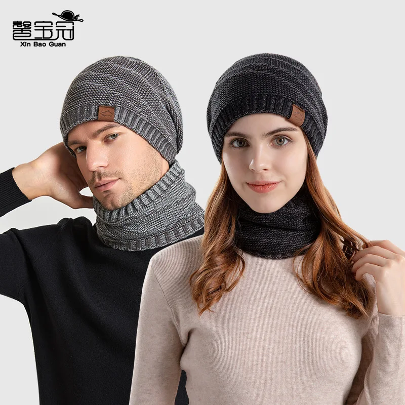 

Winter Hat Scarf Set Women's Fashion Korean Style Pullover Cap Men's Fleece-Lined Outdoor Keep Warm Knitted Woolen Cap 9985