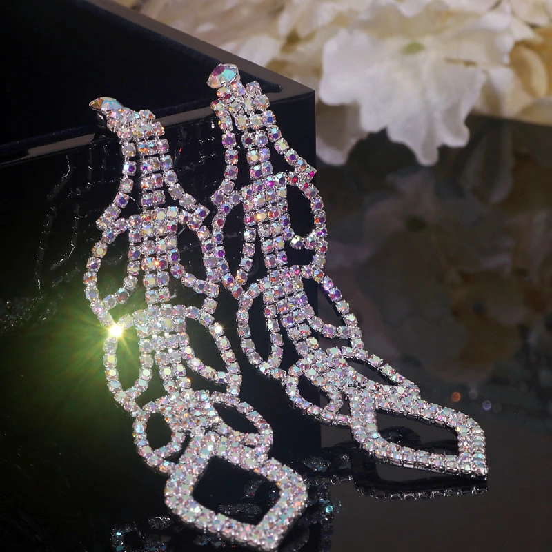 

New Trendy Sparkling Rhinestone Long Drop Dangle Earrings for Women Silver Plated Crystal Leaf Earrings Dinner Party Jewelry
