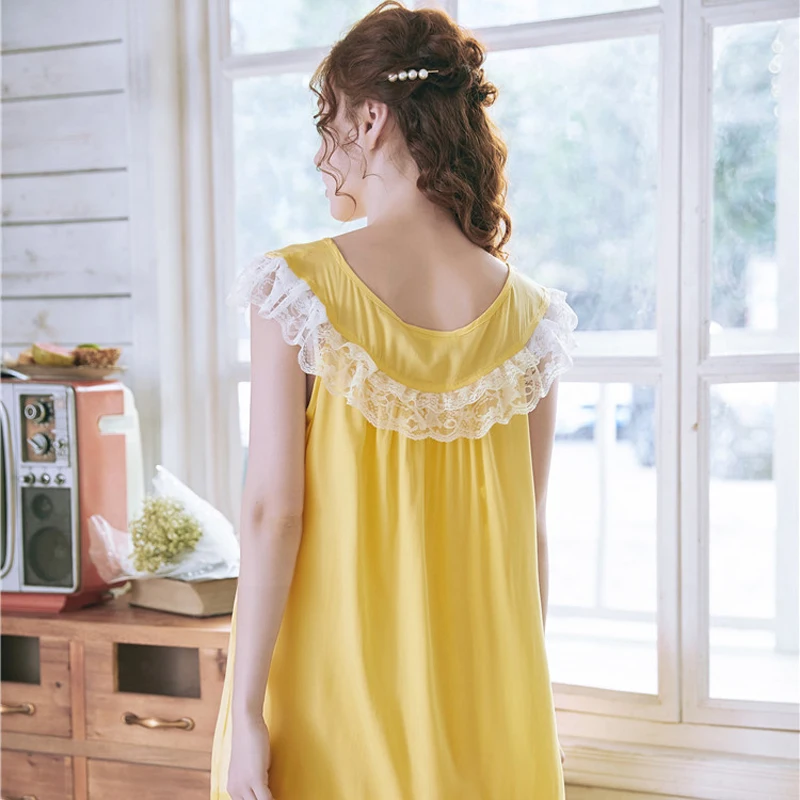 Roseheart New Women Homewear Female Yellow Skin Sexy Sleepwear Nightdress dress Lace O Neck Nightwear Sleepwear Nightgown