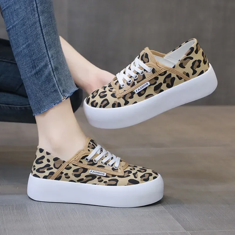 

Brand Plimsolls Platform Leopard Sneakers Women Thick Sole Elevator Canvas Shoes Women's Cow Chunky Sneaker Woman Trainers Tenis