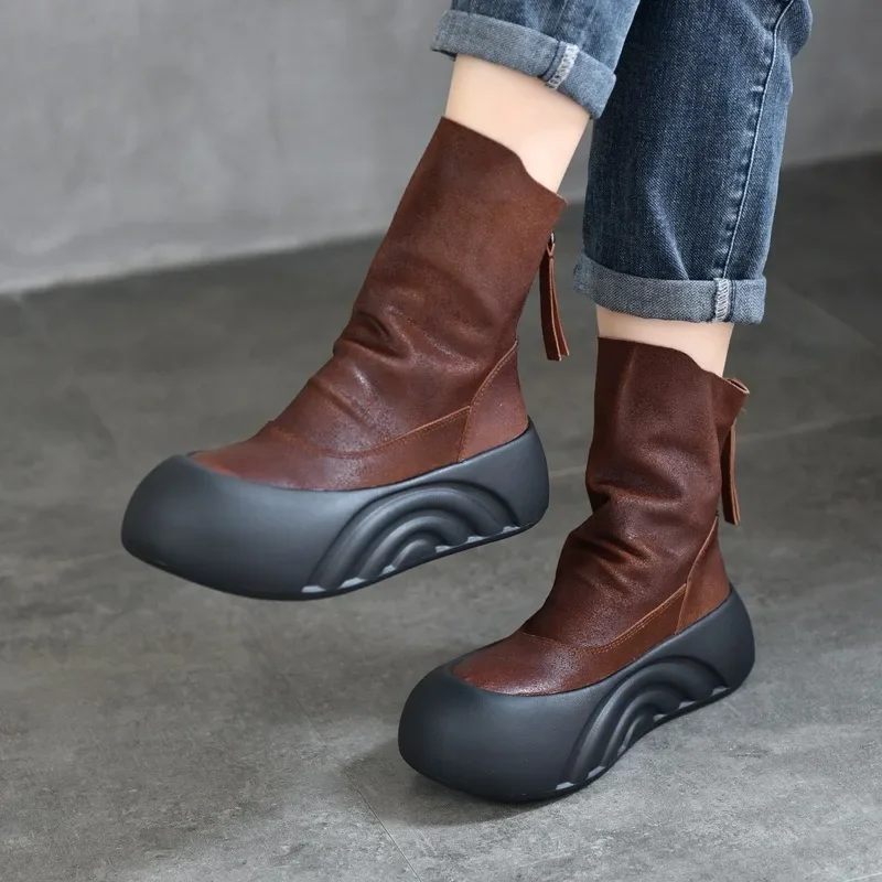 Женские ботильоны на платформе из натуральной кожи толстом каблуке
