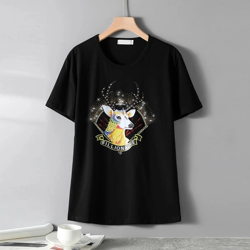 

Women Office Lady Black Letters Drilling T-shirts Summer Y2K Loose Top Tees 2022 Cottonn Plus Size Cartoon Diamonds T Shirt H100