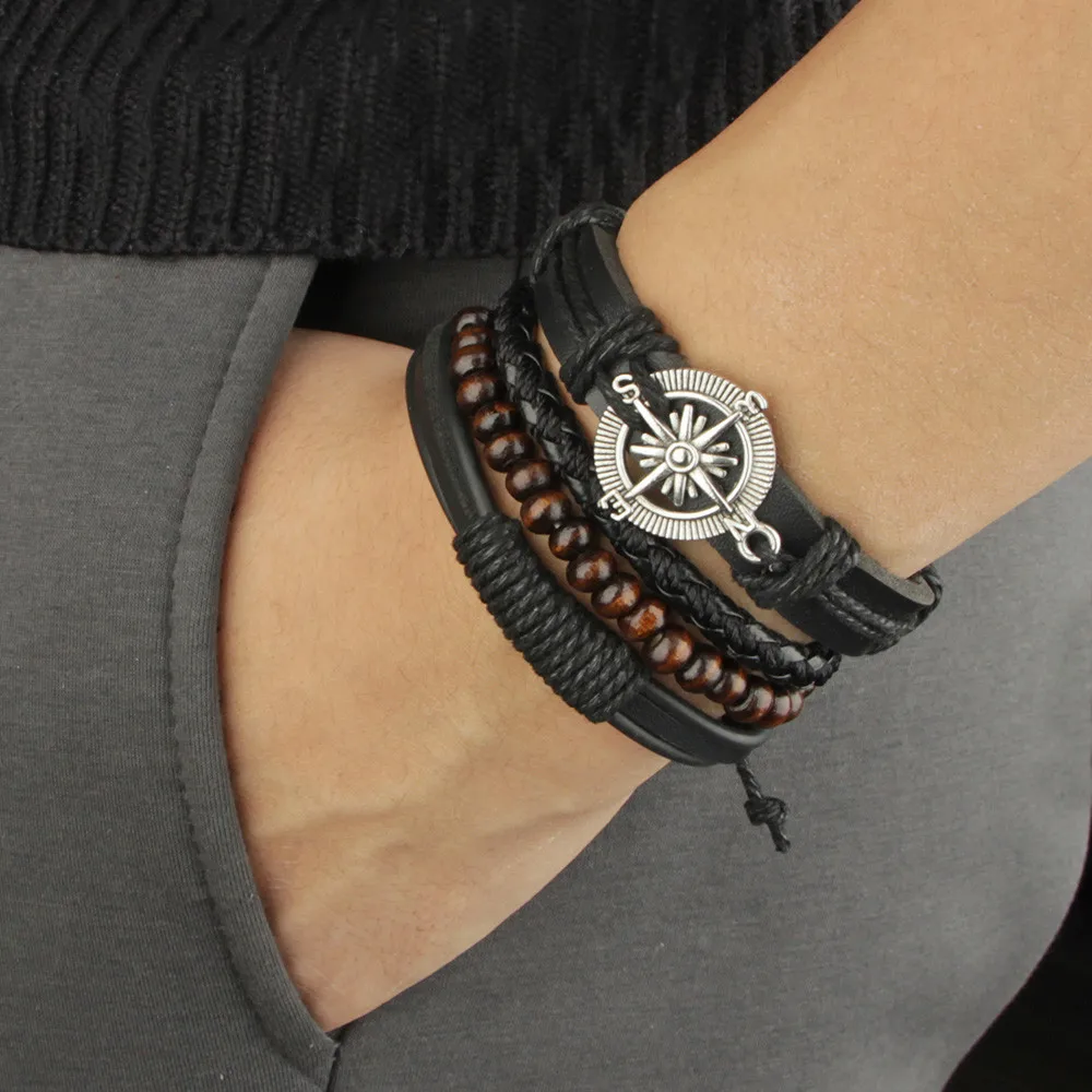 

4Pcs/ Set Braided Wrap Leather Bracelets for Men Life Tree Vintage Rudder Charm Wood Beads Ethnic Tribal Wristband Rope Bracelet