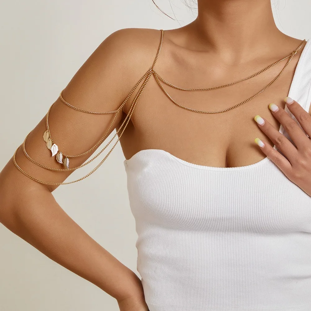 

Bohemian Metal Leaves Tassel Pendants Upper Arm Bracelet for Women Sleeveless Shoulder Ornament Tassel Upper Arm Chain