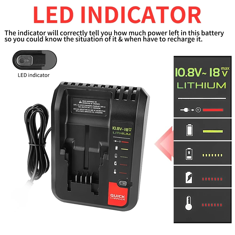 18V Replacement Lithium Battery Charger for Black and Decker PORTER CABLE Stanley Lithium Battery Charger 2A 10.8-20V 100-240V