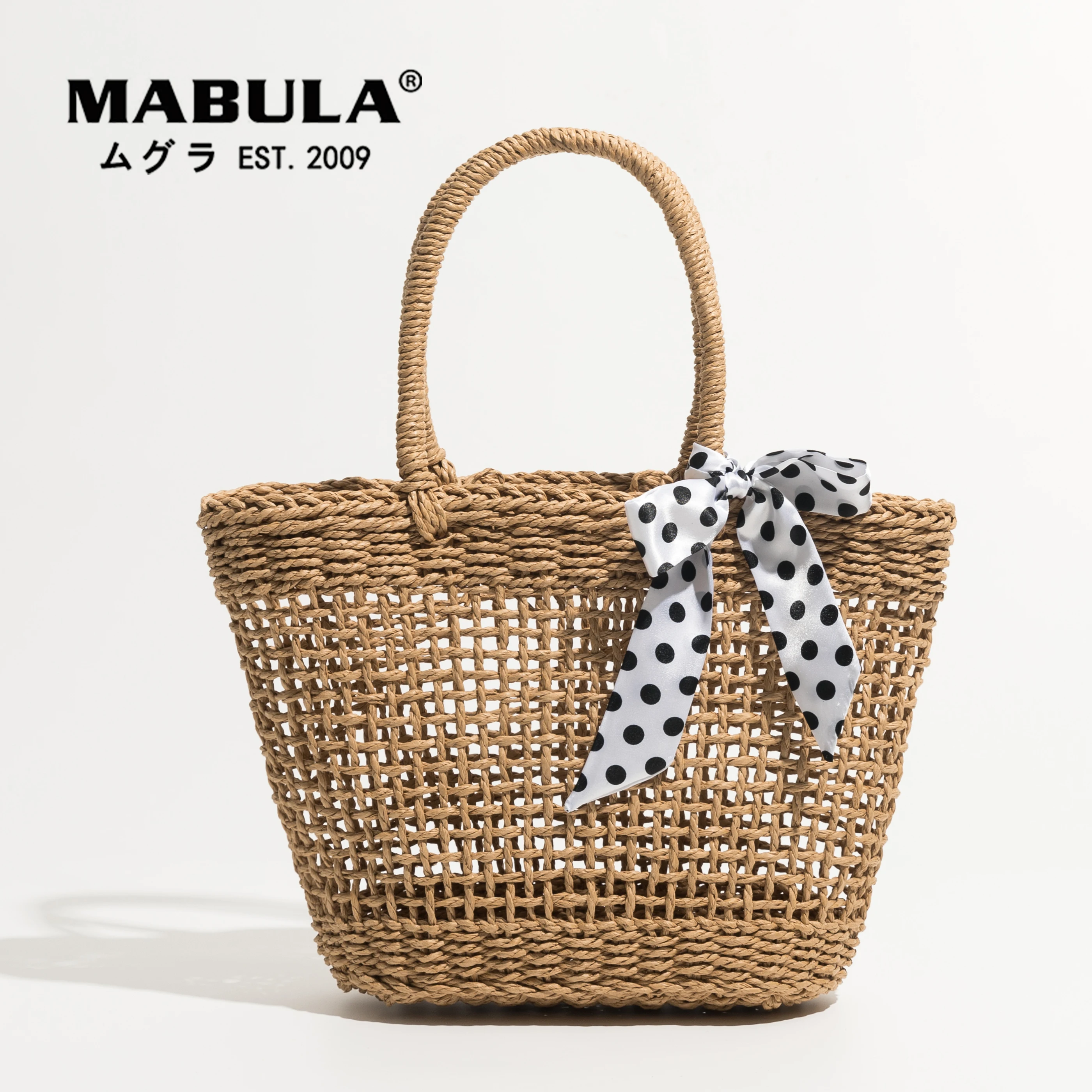 

MABULA Summer Beach Boho Straw Bags Plaited Women Shoulder Bag Handwoven Hollow Bucket Totes Top Handle Handbag With Ribbon