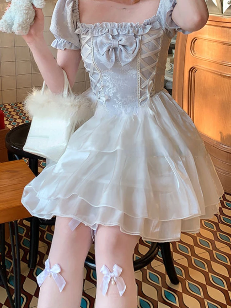 

Лоскутное милое платье с бантом, женское французское винтажное мини-платье с пышными рукавами, женское ретро платье принцессы на шнуровке, Новинка лета 2023