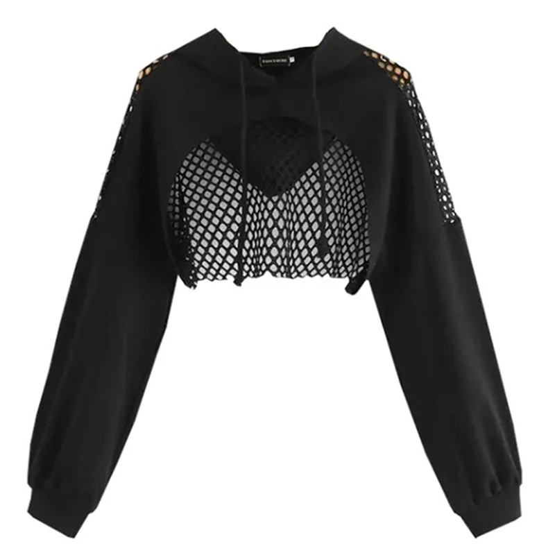 Black Hoodies For Women 2022 Hollow Out Crop Tops Mesh Patchwork Short Sweatshirt Long Sleeve Autumn Tops And Pullovers
