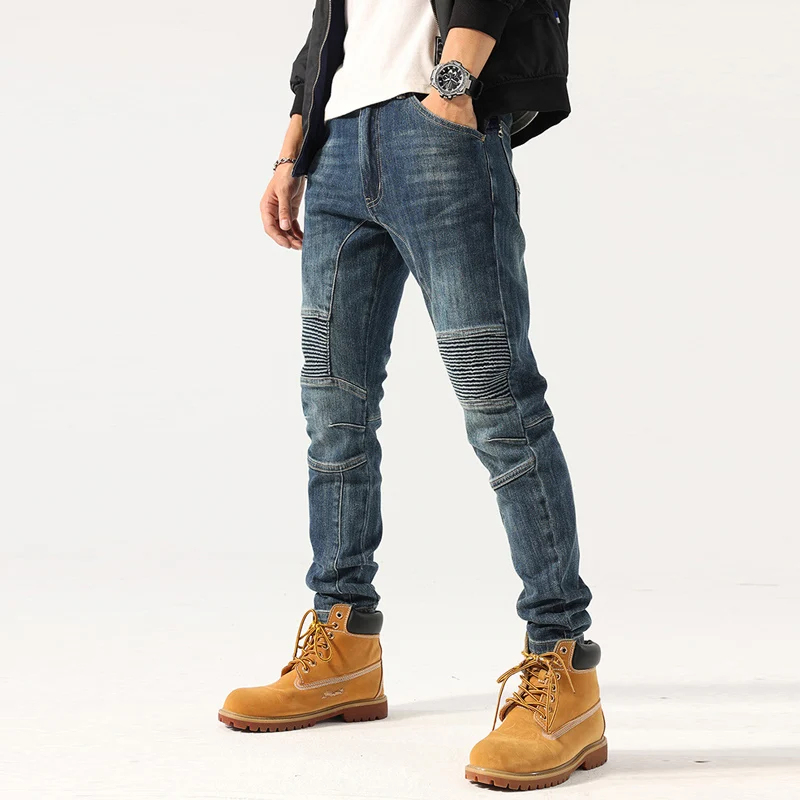 Street Fashion Men Jeans Retro Blue Spliced Designer Slim Fit Elastic Biker Jeans Men Punk Trousers Patched Hip Hop Pants Hombre