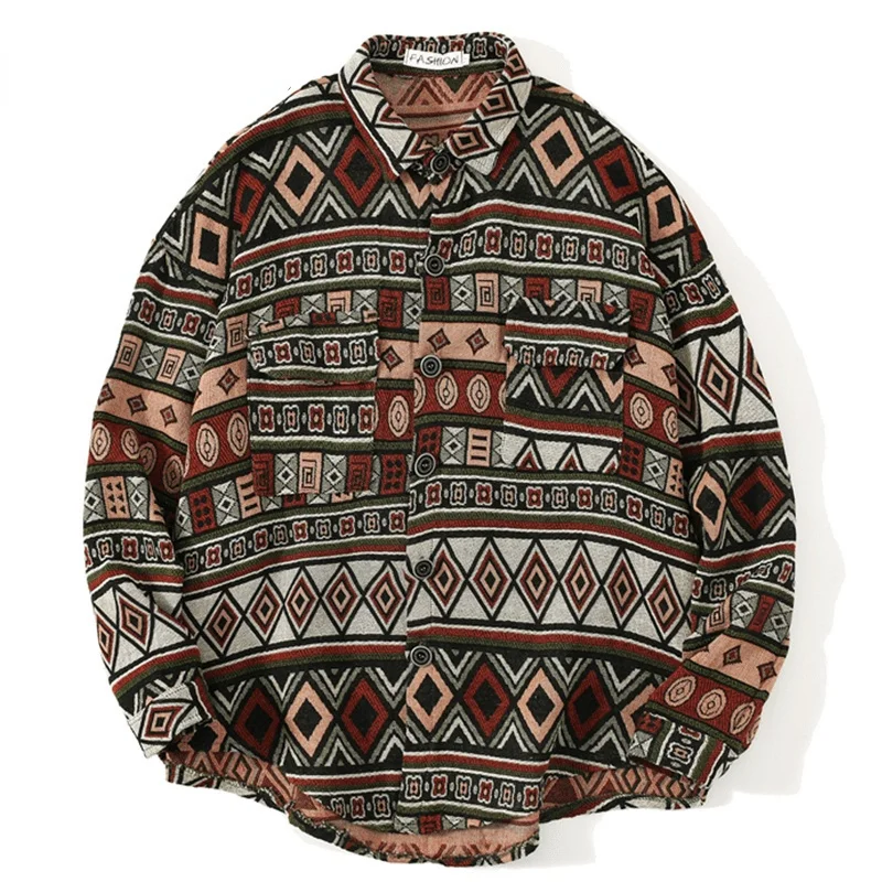 

Retro Geometric Stitching Woolen Shirt Men Streetwear Hip Hop Oversized Long Sleeve Shirts Harajuku Casual Fashion Men's Shirt