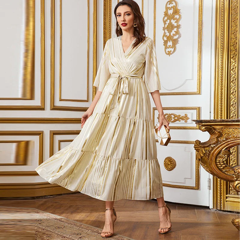 

Turkey Dubai Muslim Abaya Women Dress Elegant Chiffon Long Dress Half Sleeve Folds Patchwork Belt Pleated Party Dresses Woman