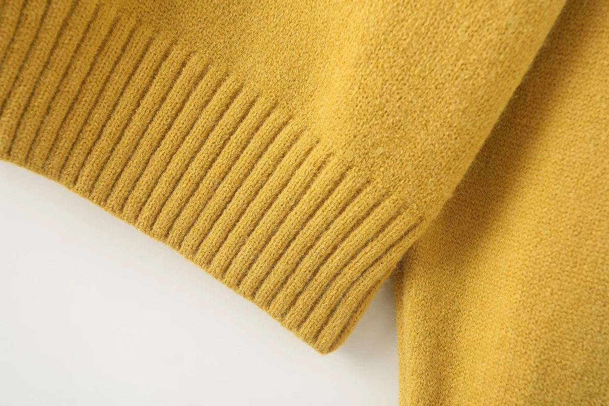 TRAFZA 2024 Chic однотонный желтый женский свитер с круглым вырезом и разрезом