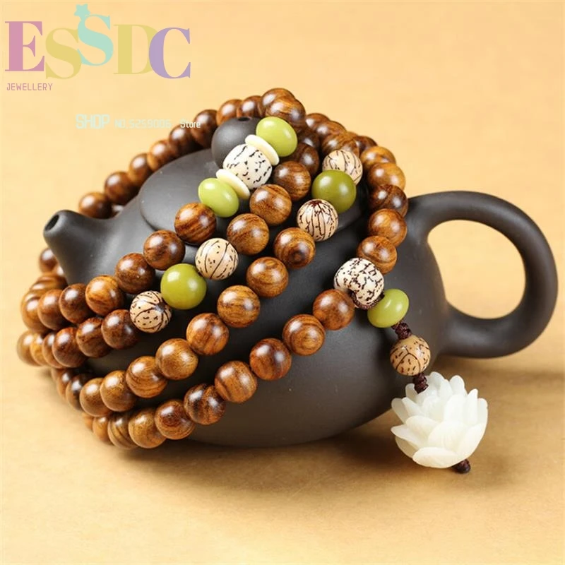 

New Design Tibetan Buddhist 108 Mala Hainan Rosewood Bracelet Original White Bodhi Root Lotus Flower Pendant Women Hand String