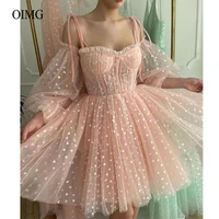 oimg rose pink tulle hearts short wedding party dresses off shoulder ribbon straps puff long sleeves ruffles mini prom gowns