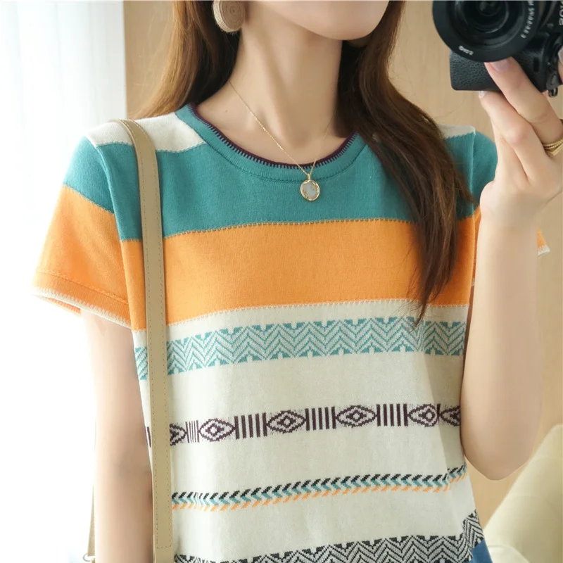 

100% Cotton Short-Sleeved Tees Summer Ladies O-Neck Color-Blocking Pullover Vest Stitching Contrast Color Base Knitted T-shirt