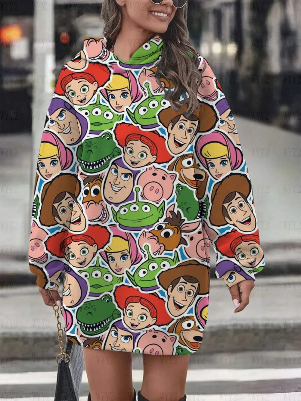 

Осеннее женское платье-свитер с капюшоном, Повседневное платье-свитер в уличном стиле с мультяшным принтом и круглым вырезом, топы с диснеевским Баззом