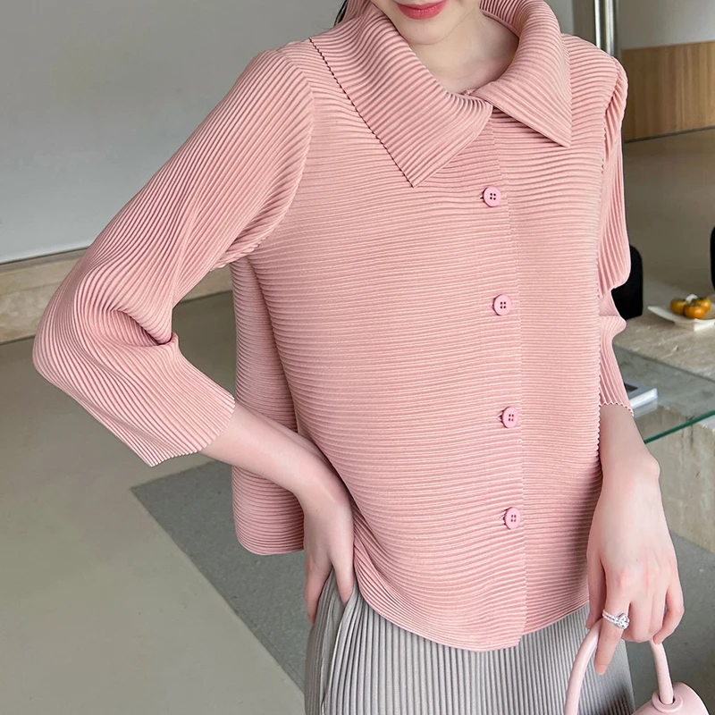 GVUW плиссированная женская рубашка с лацканами однобортная длинным рукавом