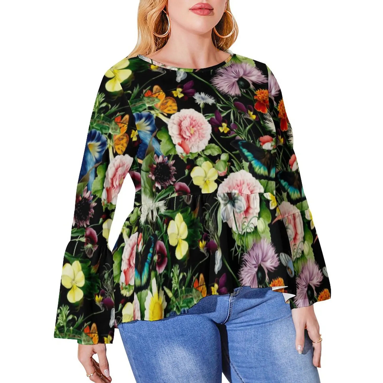 

Colorful Flower Print T-Shirts Bird and Butterfly Street Fashion Long Sleeve T Shirt Elegant Tees O Neck Clothes Plus Size 5XL