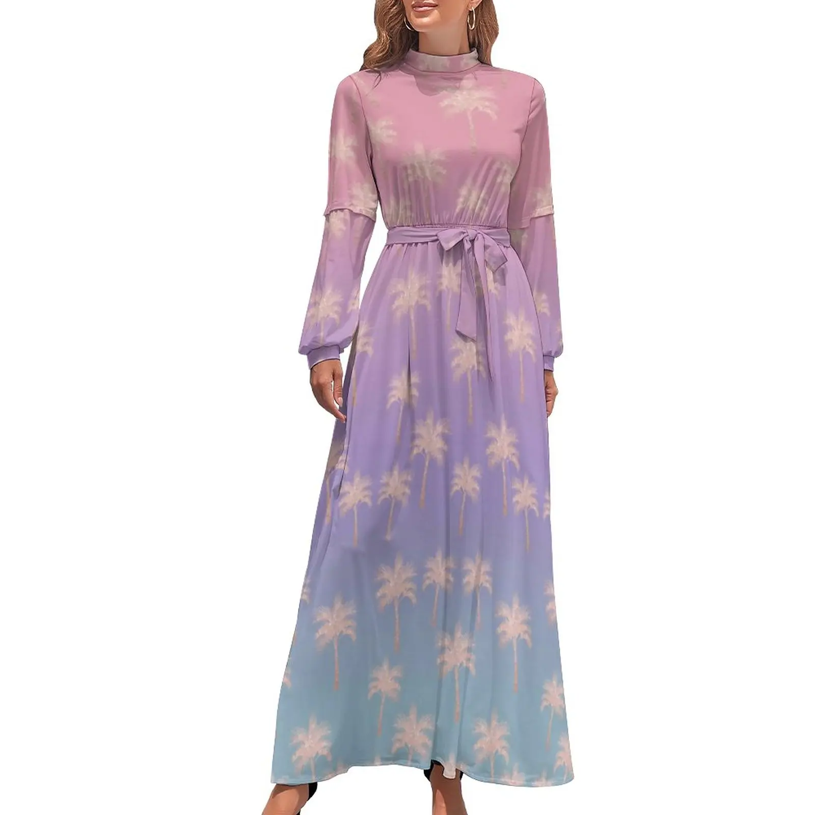 

Элегантное пляжное платье, милое Макси-Платье с градиентным принтом пальмы, корейские модные пляжные длинные платья в стиле бохо, одежда на заказ с высокой талией
