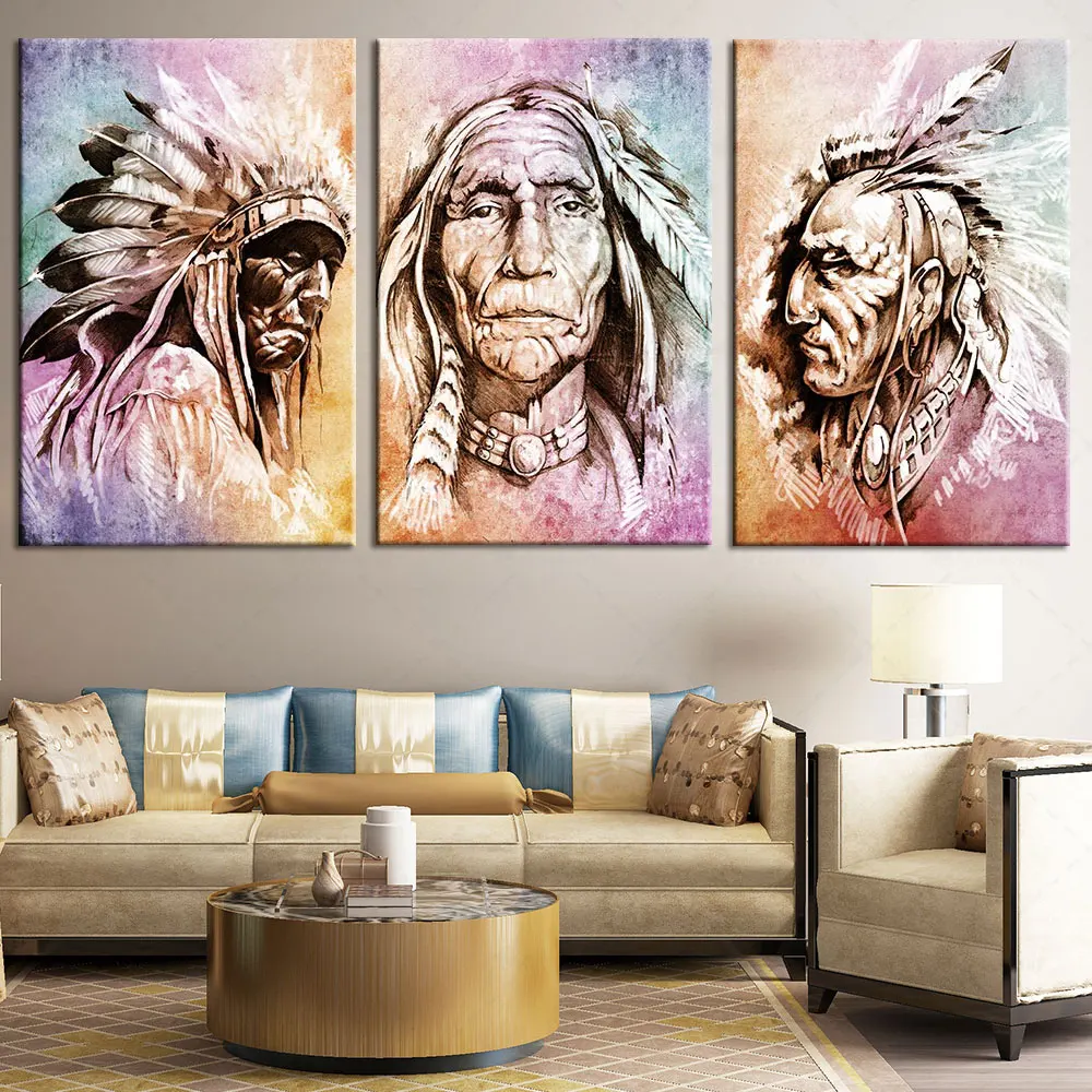 

Artsailing 3 Pieces Canvas HD Printed Indian Warrior Paintings Feathered Wall Art for Living Room Free Shipping Modular Cuadros