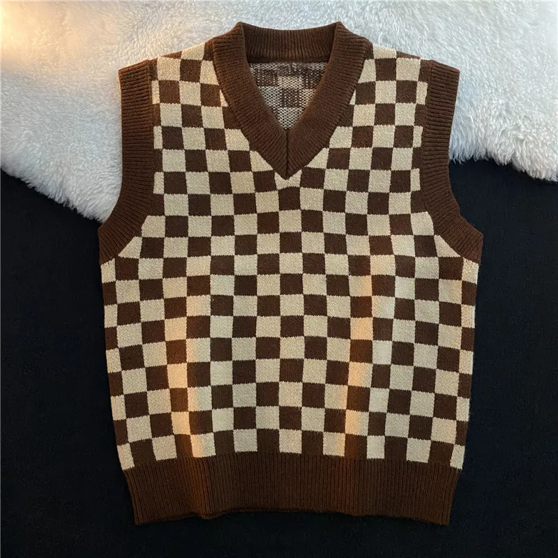

Early Autumn Vest Knitting Ladies Checkerboard V-neck Blouse Lazy Outside with Sweater Vests Coat Sleeveless Black Vest