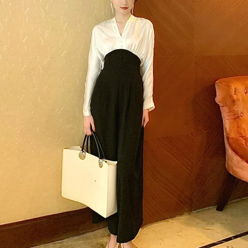 

Women Autumn Spring Dress Black White Patchwork Elegant Long Sleeve Office Lady Fashion Hight Street Button Fly Maxi Dress S-XL