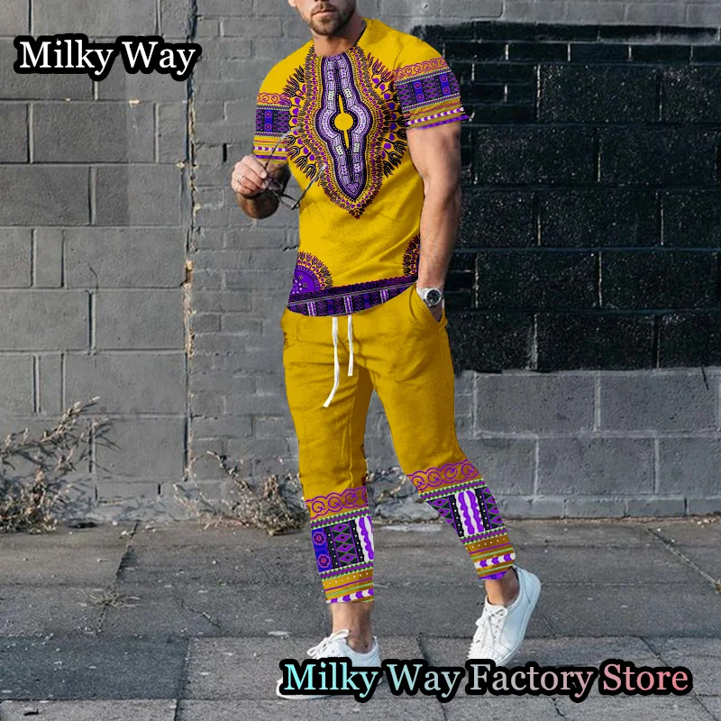 Men T-Shirt Trousers Set Summer Vintage Tracksuit Male Outfit 2 Pieces Casual Streetwear Suit African Totem Printing Clothing