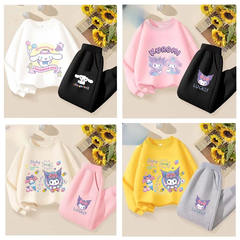 

Sanrio Kuromi Melody Cinnamoroll Plus Velvet Girls Sweatshirt Set New Long-Sleeved Trousers Children's Sportswear Thin Section
